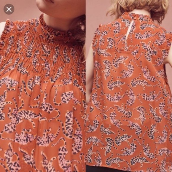 Anthropologie Maeve Darby Leopard Cheetah Print Smocked Ruffle Blouse Top Shirt - Picture 2 of 9